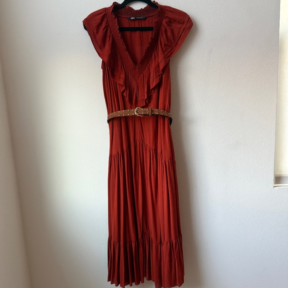 Zara Maxi Dress with Belt, Size XS, Rust